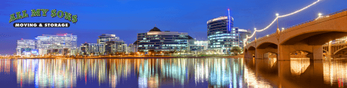 tempe, arizona, skyline and bridge lit up at night