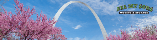 st. louis arch behind pink cherry blossom trees near st. ann, mo