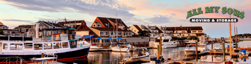 boats and houses near a marina at dusk in stoneham, ma