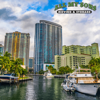 buildings and boat along intercoastal near pompano beach, florida