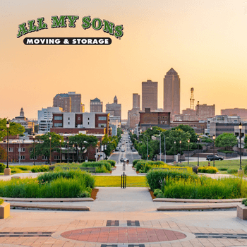 des moines city skyline at dawn